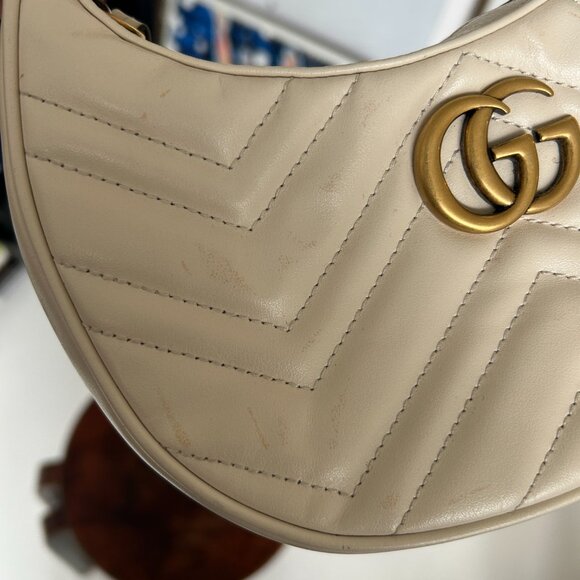 AUTHENTIC Gucci Mini GG Marmont Half Moon Bag White Calf Leather Satchel - Picture 5 of 8